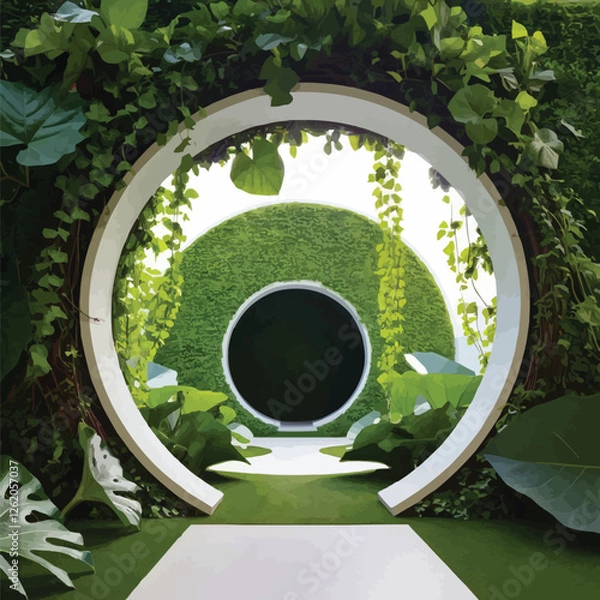 Fototapeta A circular opening framed by lush green plants and vines, leading into a deeper, similarly verdant circular space.