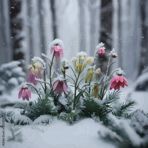Fototapeta A hyper-realistic still life of forest flowers in the middle of a snowy woodland. The flowers, a mix of vibrant yet delicate wild blossoms, are dusted with tiny snowflakes resting gently on their peta