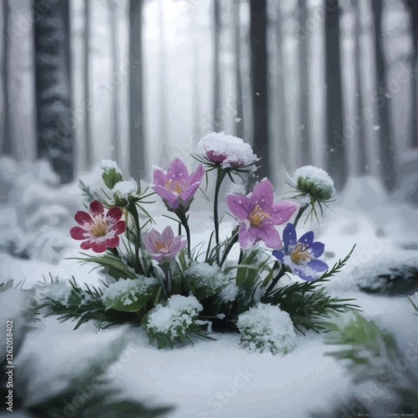Fototapeta A hyper-realistic still life of forest flowers in the middle of a snowy woodland. The flowers, a mix of vibrant yet delicate wild blossoms, are dusted with tiny snowflakes resting gently on their peta