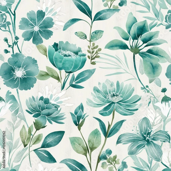 Fototapeta A watercolor-style floral pattern with grainy gradients in aqua and mint