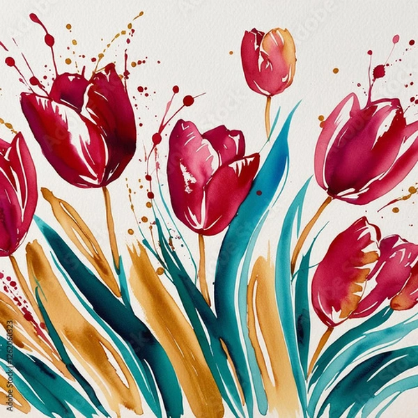 Fototapeta Abstract watercolor tulips with vibrant splashes of color