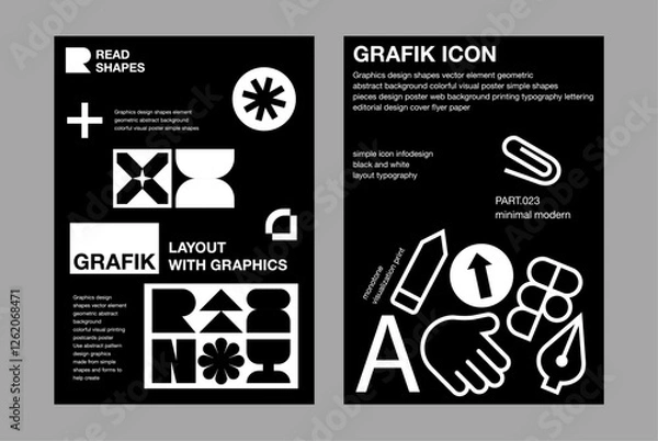 Obraz Bold line icon and unique shapes element poster style template set simple type pencil clip hand fountain pen arrow custom shape layout editorial design minimal modern paper page print book flyer