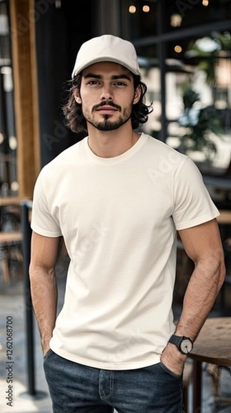 Obraz A man wearing creme color t shirt mockup; with cap; at the cafe; front view