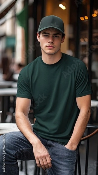 Obraz A man wearing forest green color t shirt mockup; with cap; at the cafe; front view