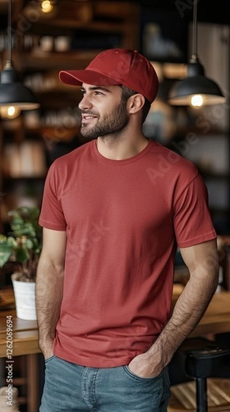 Obraz A man wearing red color t shirt mockup; with cap; at the cafe; front view