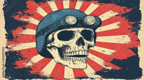 Fototapeta Vintage Biker Skull in Helmet: Grunge Retro Art Design. A rebellious symbol of freedom, speed, and adventure.