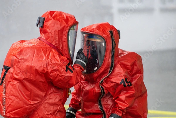 Fototapeta Firefighters in protective hazmat suits at the site of a hazardous toxic gas leak
