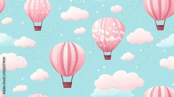 Fototapeta Colorful Hot Air Balloons in Pink and Blue Sky with Soft Clouds