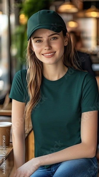 Obraz A woman wearing forest green color t shirt mockup; with cap; at the cafe; front view
