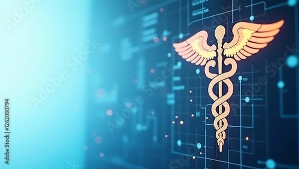 Fototapeta Glowing Caduceus Symbol in Blueprint Design for Futuristic Medical Innovation
