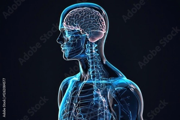 Fototapeta Body structure and its natural defense mechanisms visualized, focusing on skin, bones, and immune system roles.
