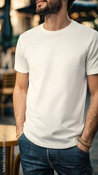Obraz A man wearing creme color t shirt mockup; with bracelet; at the cafe; front view