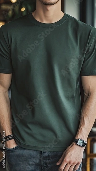 Obraz A man wearing forest green color t shirt mockup; with bracelet; at the cafe; front view