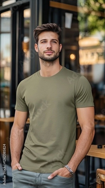 Obraz A man wearing kiwi color t shirt mockup; with bracelet; at the cafe; front view