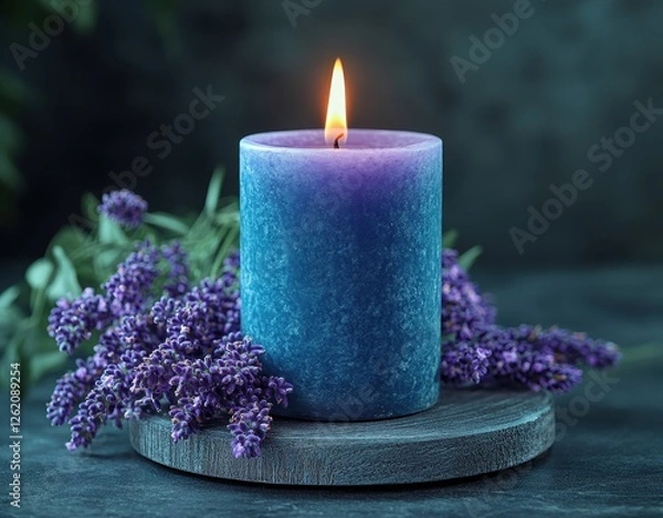 Obraz Photo of a lavender-scented candle with a burning flame in a dark setting