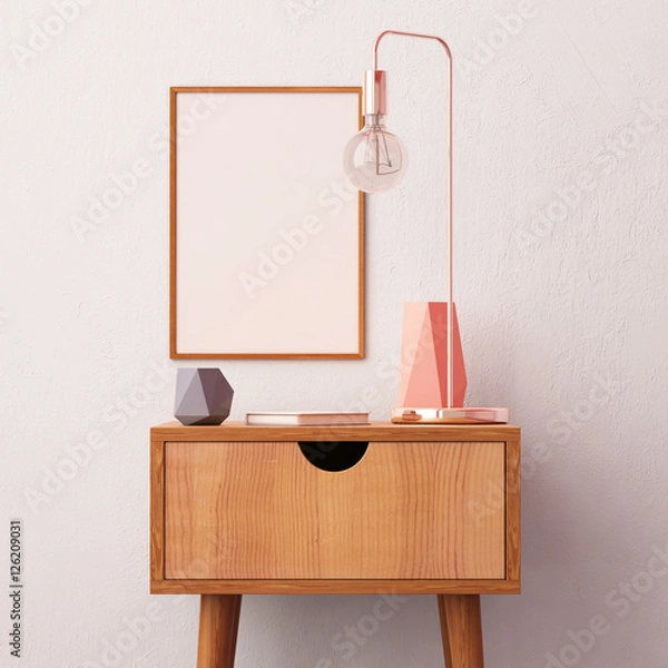 Fototapeta Mockup poster in the interior with a table in trendy colors. 3d