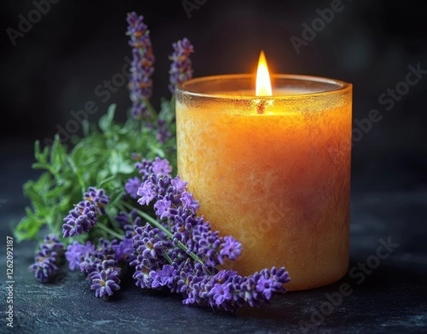 Obraz Photo of a lavender-scented candle with a burning flame and aromatic smoke
