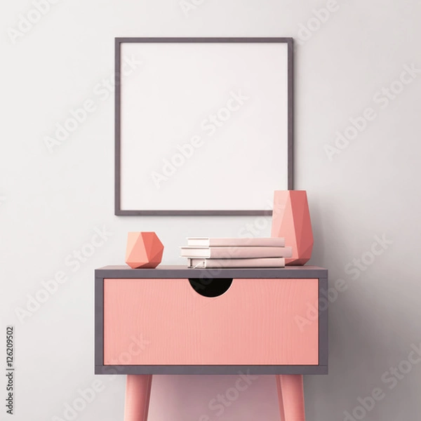 Fototapeta Mockup poster in the interior with a table in trendy colors. 3d