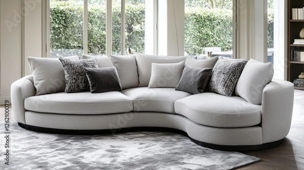 Fototapeta Modern Curved Sofa in Bright Living Room with Soft Pillows