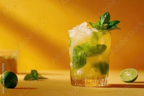Fototapeta Refreshing mint julep with ice and lemon and lime wedges on the side. Handmade cocktail for a sunny day.