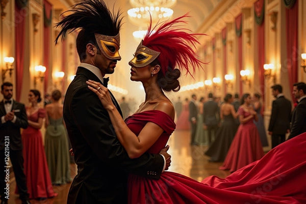Fototapeta Elegant couple dancing at masquerade ball, romantic celebration