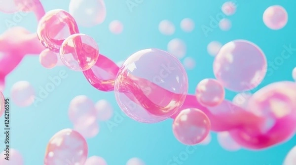 Fototapeta A colorful representation of DNA with floating pink bubbles on a blue background, symbolizing genetic breakthroughs