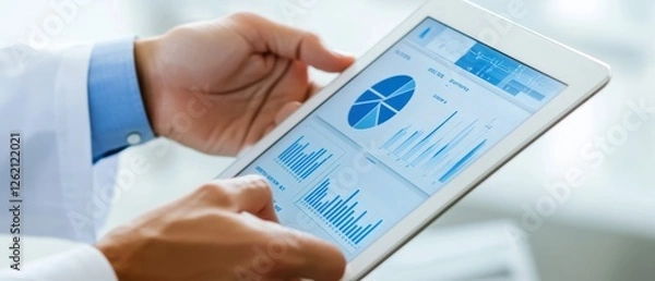 Fototapeta Hand holding tablet with business analytics data and charts, digital dashboard concept for data analysis and real-time reporting in a modern office