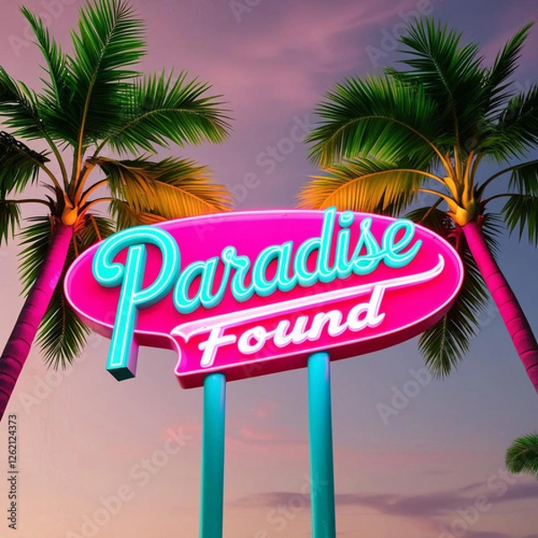 Fototapeta A glowing, neon-lit _Paradise Found_ sign with retro fonts and palm trees