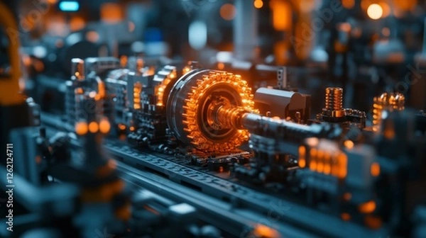 Fototapeta Automated machines work efficiently on a car assembly line, precisely installing fuel systems and brakes. The vibrant setting showcases advanced manufacturing technology in action