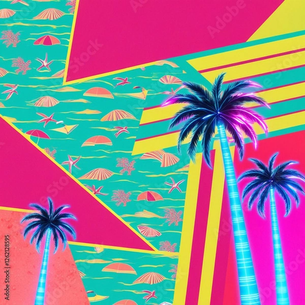 Fototapeta A glowing, neon-lit collage of beach patterns, retro stripes, and futuristic palm trees