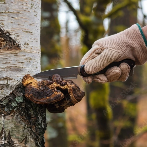 Fototapeta Person harvesting chaga mushroom from birch tree using a knife. Foraging and medicinal fungi concept