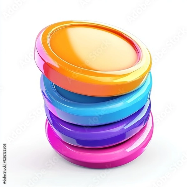 Obraz Stack of colorful glossy round tokens in orange blue purple and pink isolated on white background 3D rendering