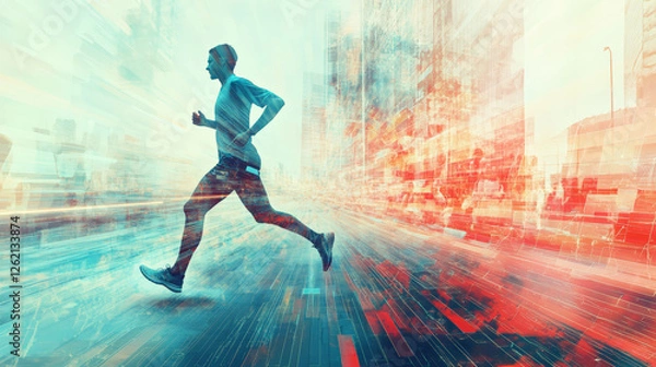 Fototapeta determined runner in motion, captured mid stride against vibrant city backdrop, showcasing speed and energy
