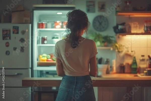 Obraz Lady looking inside of fridge while standing in kitchen, opening refrigerator and searching for food, rear view with copy space, Generative AI
