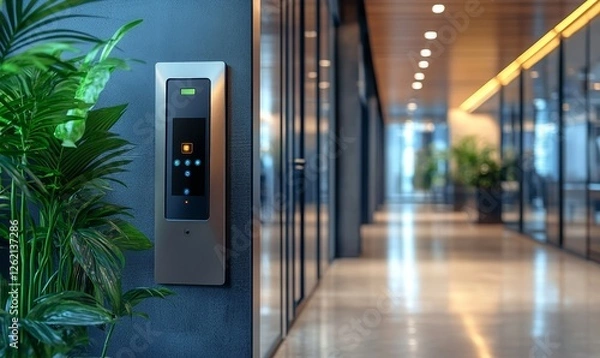Obraz Modern office entrance with a biometric security access control system on the wall, ensuring restricted and safe entry, Generative AI