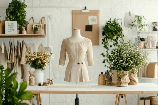 Fototapeta Beige Outfit Displayed On Mannequin In A Studio Setting