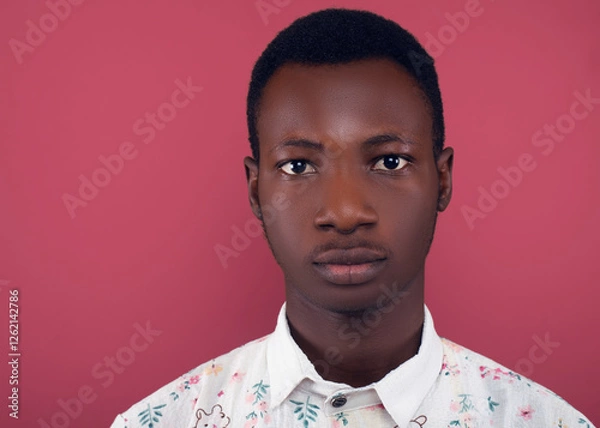 Obraz Close-up headshot of a young man with short black hair, wearing a floral shirt, making a neutral expression. His calm and composed face is set against a coral background in a studio portrait.