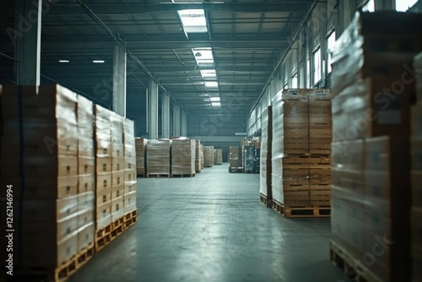 Obraz Large, organized warehouse filled with stacked pallets under industrial lighting.