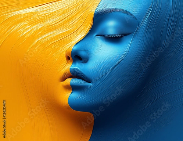 Fototapeta Two faces in vibrant blue and orange textures blend harmoniously, symbolizing duality and connection in art