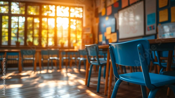 Fototapeta Sunlit classroom with empty blue chairs and a whiteboard, suggesting education, learning, and a bright future.