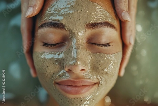 Obraz Young lady enjoying beauty treatments in spa salon, getting nourishing clay mask on face, above view shot, Generative AI