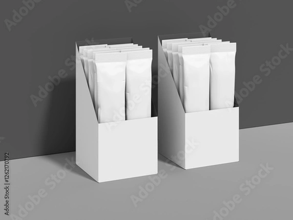 Fototapeta White Blank Sachet Packaging with Display Box Mockup 3D Rendering