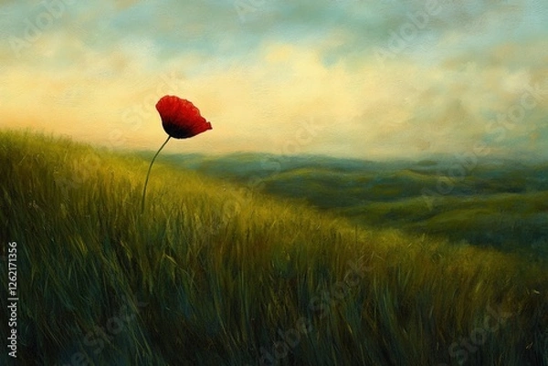 Fototapeta A single red poppy stands tall in a vast, rolling landscape under a serene sky.