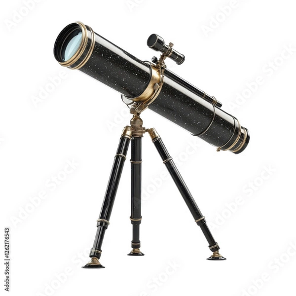 Fototapeta A vintage telescope with a sleek design, mounted on a sturdy tripod, showcasing intricate details and craftsmanship.