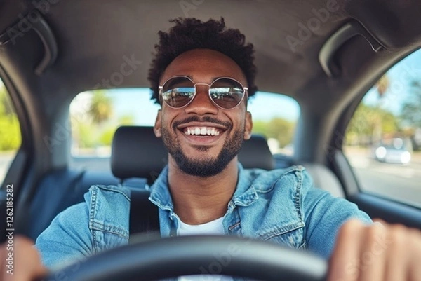 Obraz African american man driving his car shifting gears, Generative AI