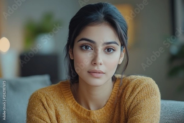 Obraz Indian woman calming upset offended guy, support and caring, sitting on sofa at home, free space. Sorry after quarrel, relationship problems, bad news, Generative AI