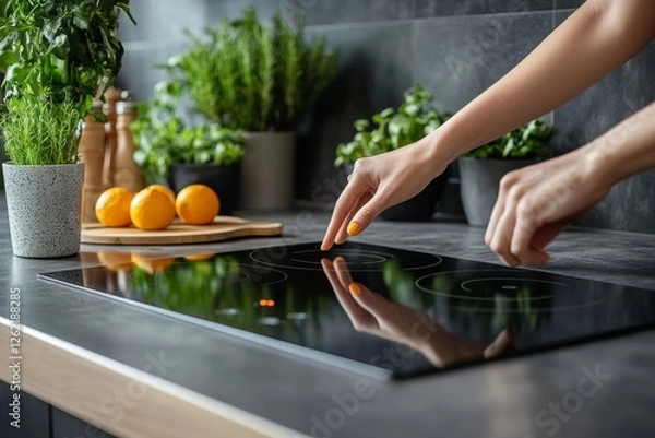 Obraz Woman using modern induction hob in the kitchen, setting heating power of the burner, touching screen and choosing option, Generative AI