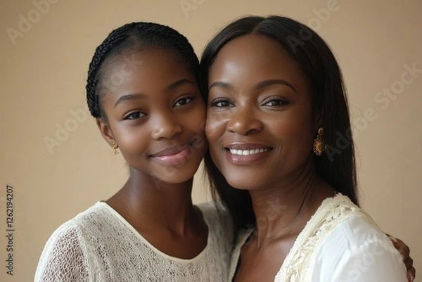 Obraz Portrait of cute black girl and her mother hugging and smiling at camera, beige background, healthy united family, mother daughter bonding concept, Generative AI