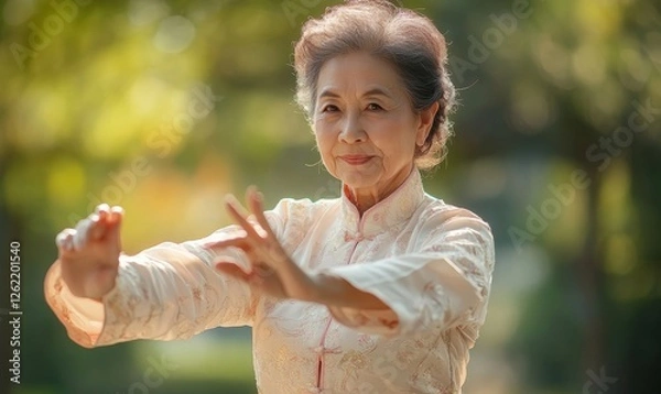 Fototapeta Senior Community Events seniors Asian woman do Tai Chi in Class exercise outdoor, Generative AI