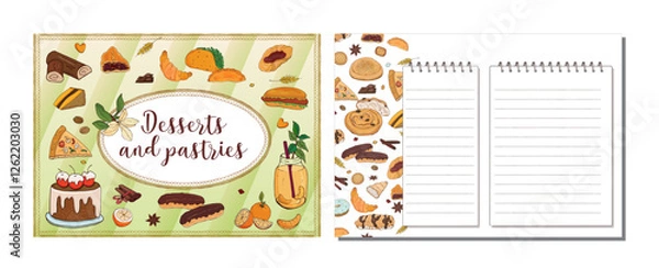 Fototapeta Page and cover for cookbook recipe record book with drawings of baked goods and desserts. Vector illustration